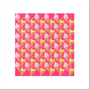 Kawaii pink pattern with pink strawberry ice cream Posters and Art